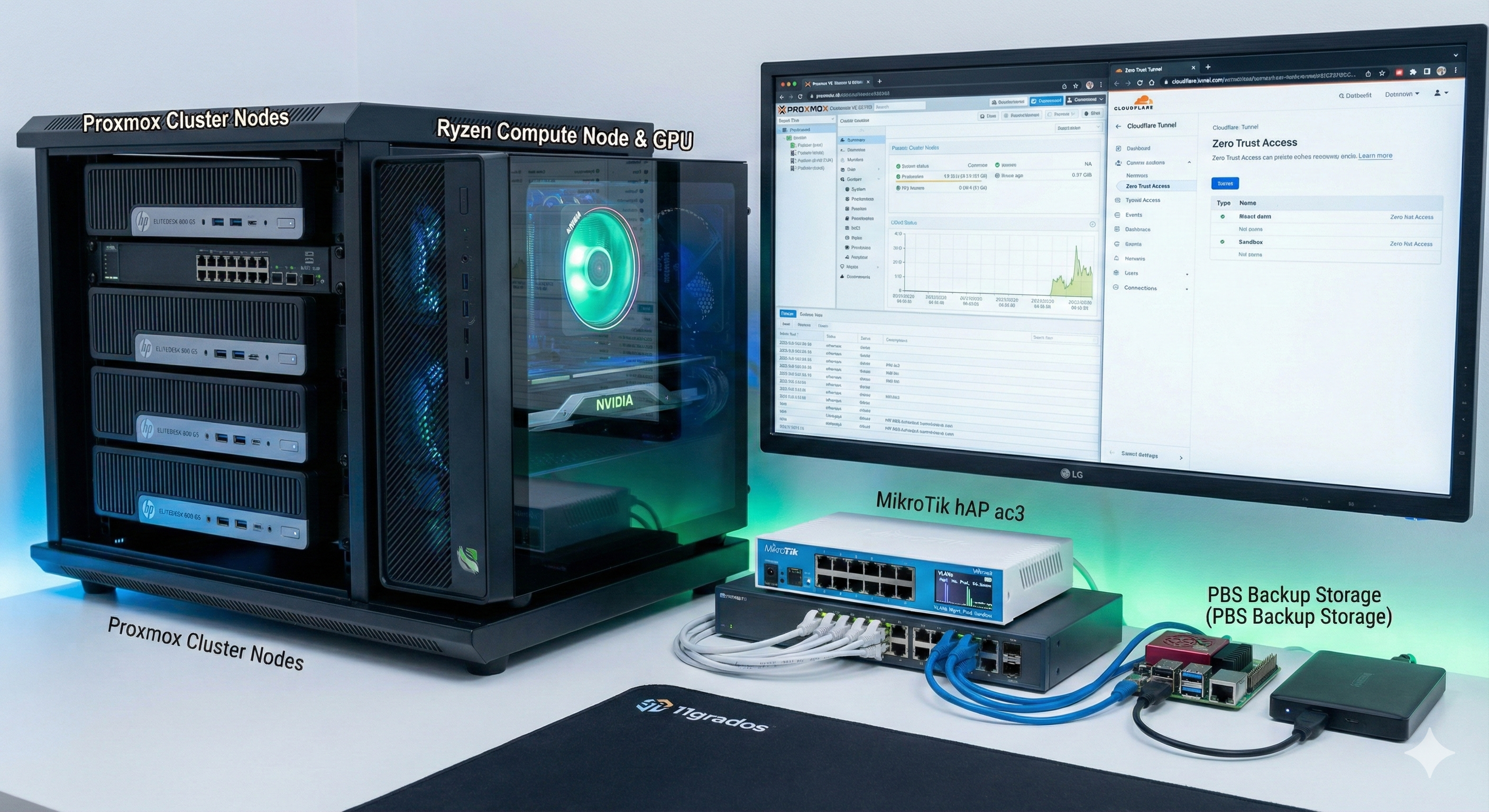 Diagrama del homelab Proxmox con nodos HP EliteDesk, Mikrotik con VLANs, Cloudflare Tunnel y PBS